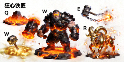 英雄联盟新英雄'狂心铁匠'奥恩在游戏中的3D模型展示与技能特效